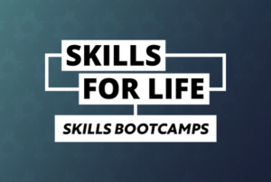Skills for Life Skills Bootcamps logo on navy Aspire 2Be background
