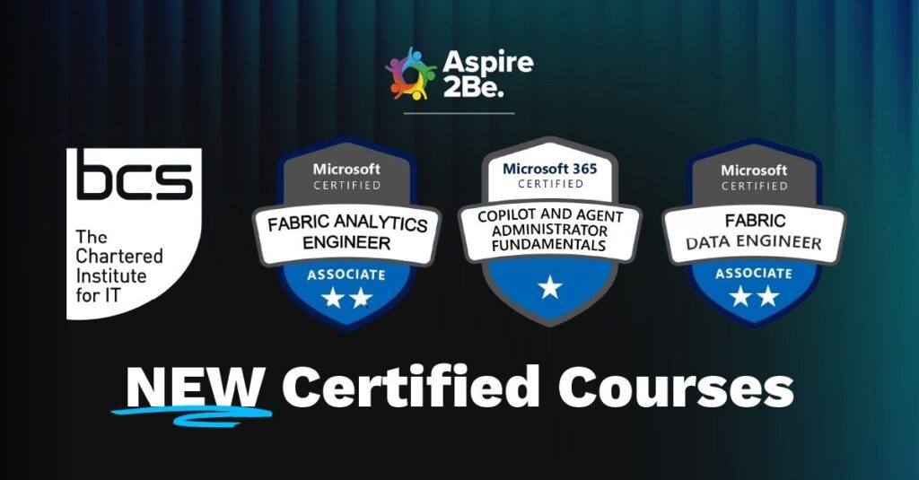 Graphic of 4 new certified course badges for BCS and Microsoft